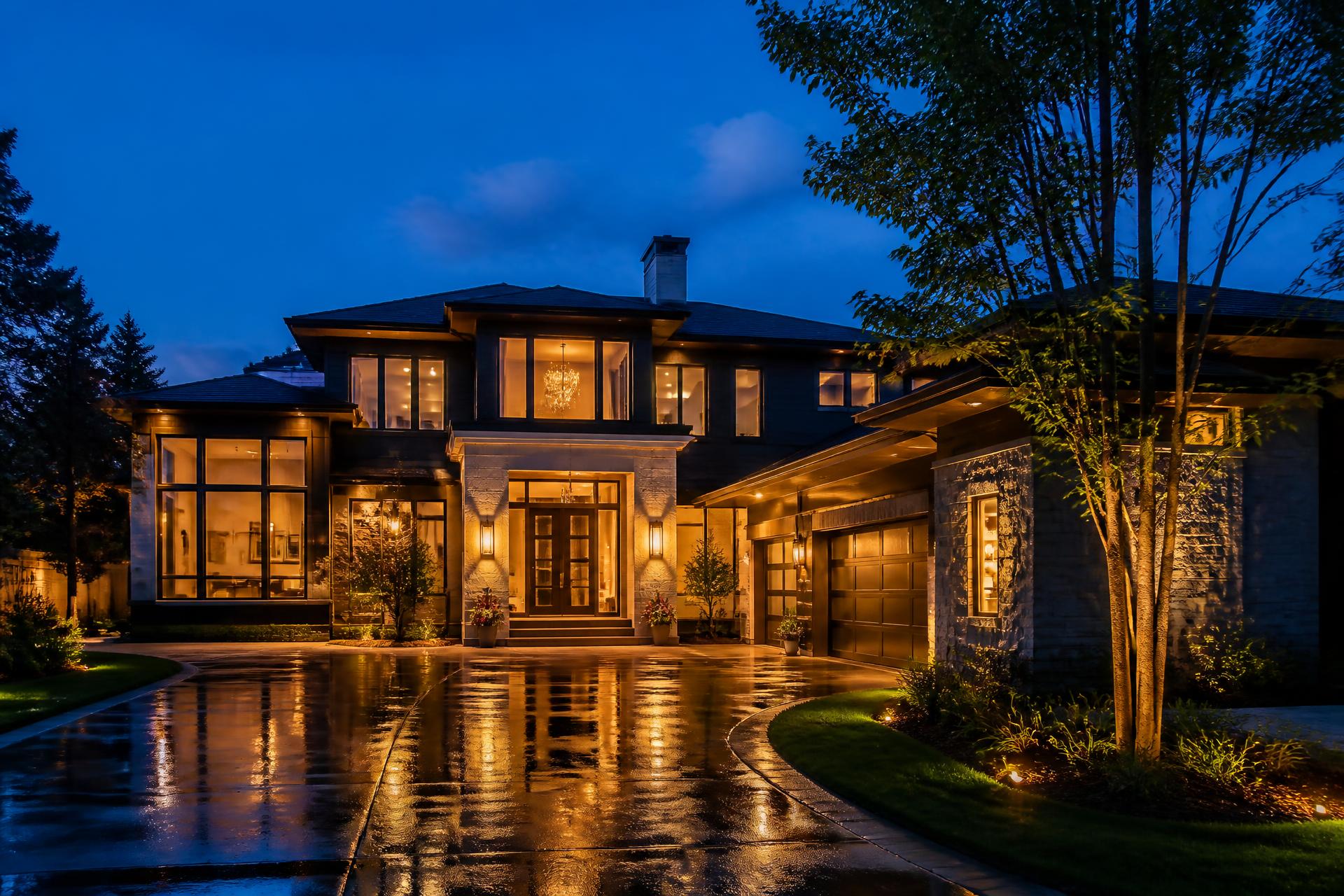 Modern home at dusk with warm lighting throughout